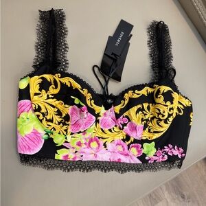 Versace Collection Black Gold Pink Floral Lace-Trim Bustier